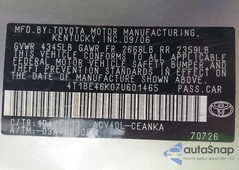 2007 Toyota Camry Le from USA, damaged, VIN 4T1BE46K07U601465